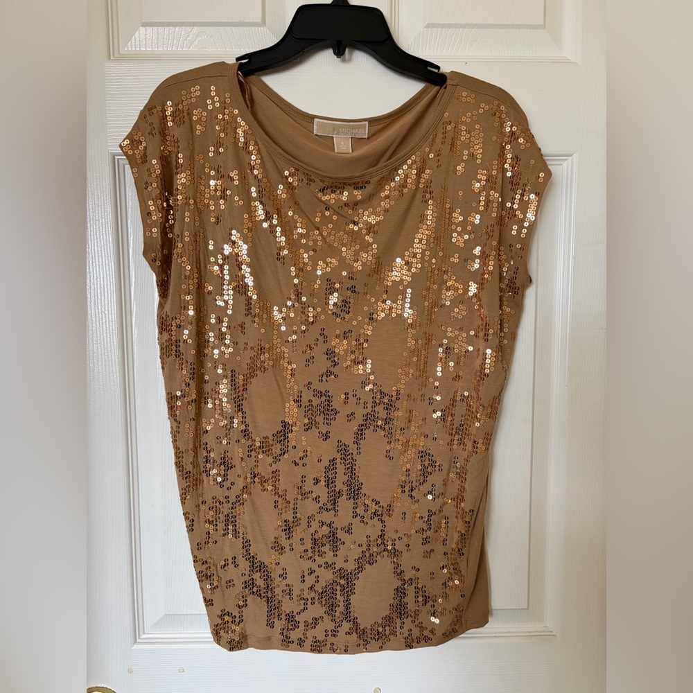 Michael Kors Gold Sequin Short Sleeve Top